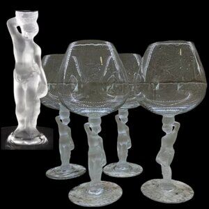 France Bayel Bacchante Frosted Male Nude Stem Crystal Wine Glasses Set 4